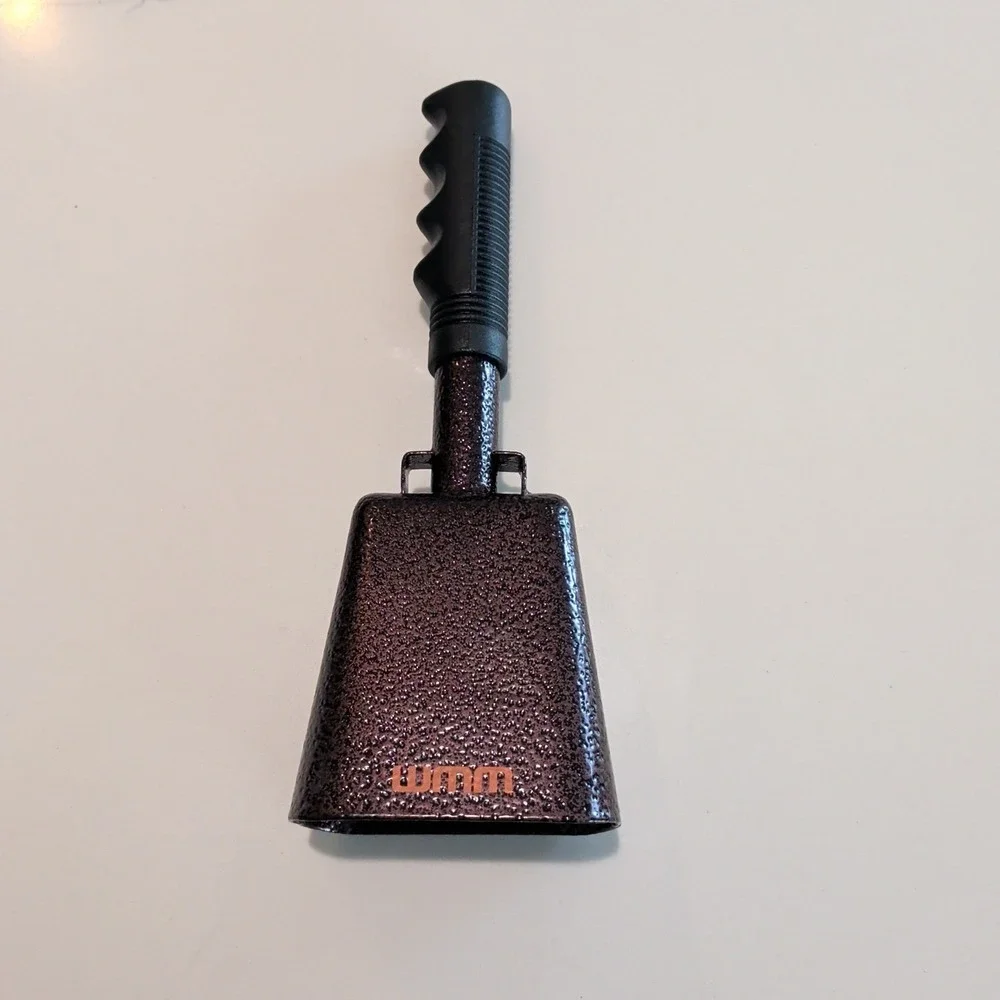 WMM Cow Bell With Handle. 9 1/2 Inches Long Dark Bronze Color Black Bicycle Grip